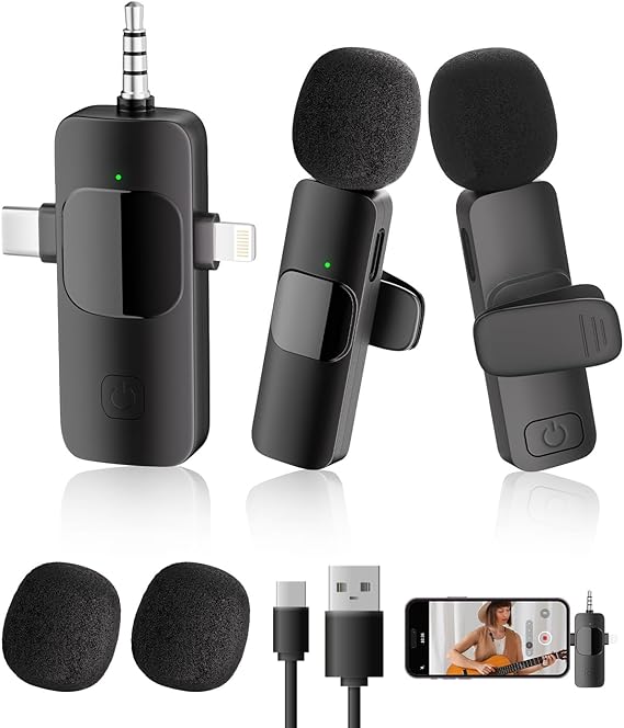3-in-1 Wireless Lavalier Microphone for iPhone & Android, mini Microphone for Camera, mini mic with Noise Cancellation, Plug & Play, Long Battery Life