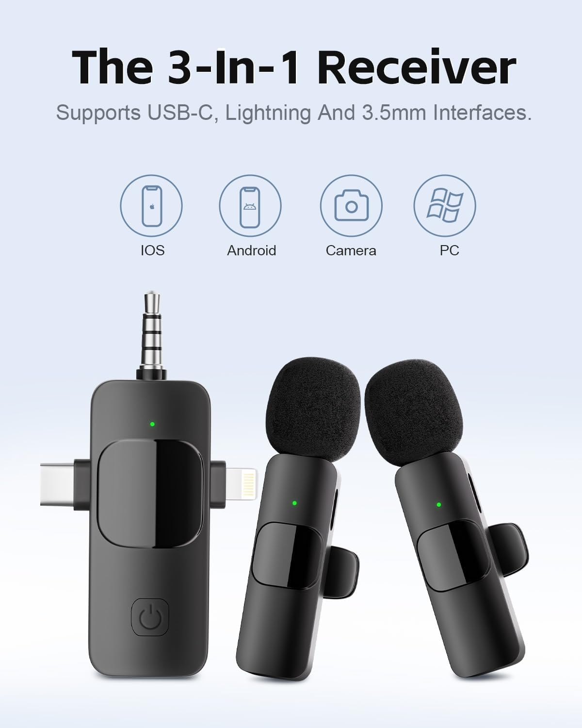 3-in-1 Wireless Lavalier Microphone for iPhone & Android, mini Microphone for Camera, mini mic with Noise Cancellation, Plug & Play, Long Battery Life