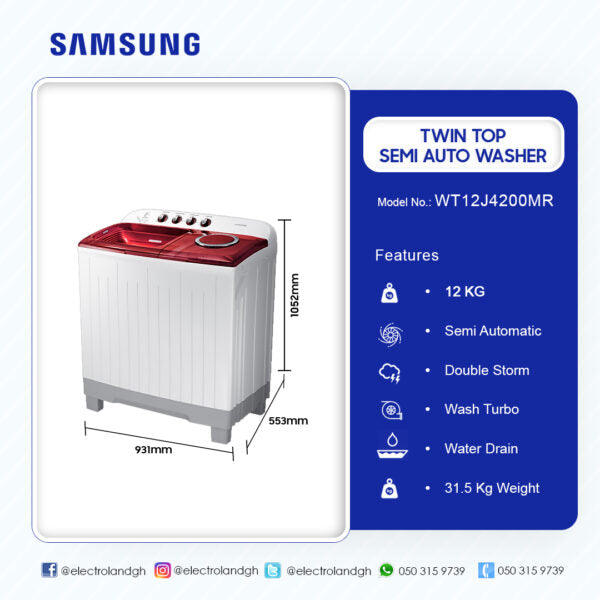 SAMSUNG 12KG TWIN TOP SEMI AUTO WASHER WASHING MACHINE WT12J4200MR w