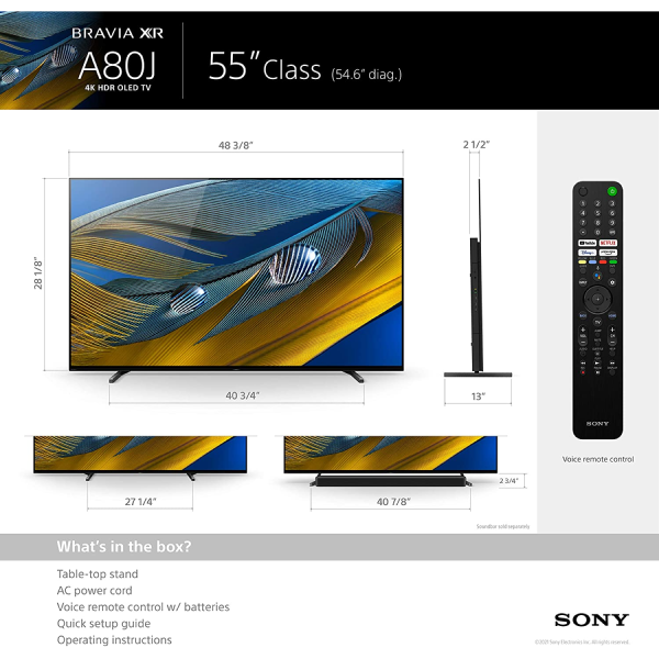 Sony XR-55A80J 55 Inch TV: BRAVIA XR OLED 4K Ultra HD Smart Google TV