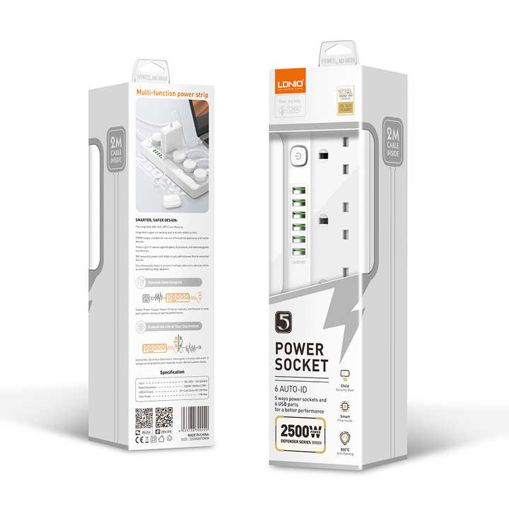 LDNIO Fast  Charging Expert 25000W 6USB identify Automatically 5 Power Socket