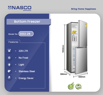 Nasco 229LT Bottom Freezer Refrigerator - DD2-29SILVER