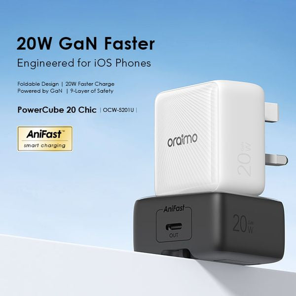 Oraimo Gan Faster PowerCube 20 chic 20W - Engineered for IOS phones (Black/White)