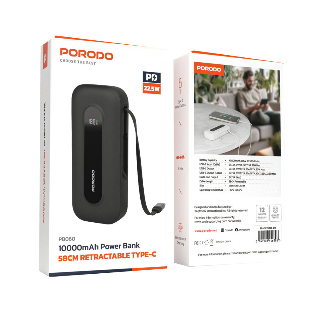 Porado PB060 10000mAh Power Bank 58cm Retractable Type-C