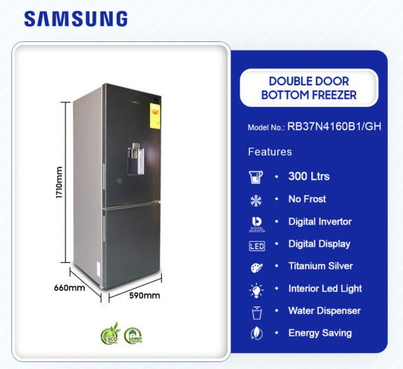 SAMSUNG 300LTR DOUBLE DOOR BOTTOM FREEZER REFRIGERATOR with Water Dispenser RB37N4160B1/GH